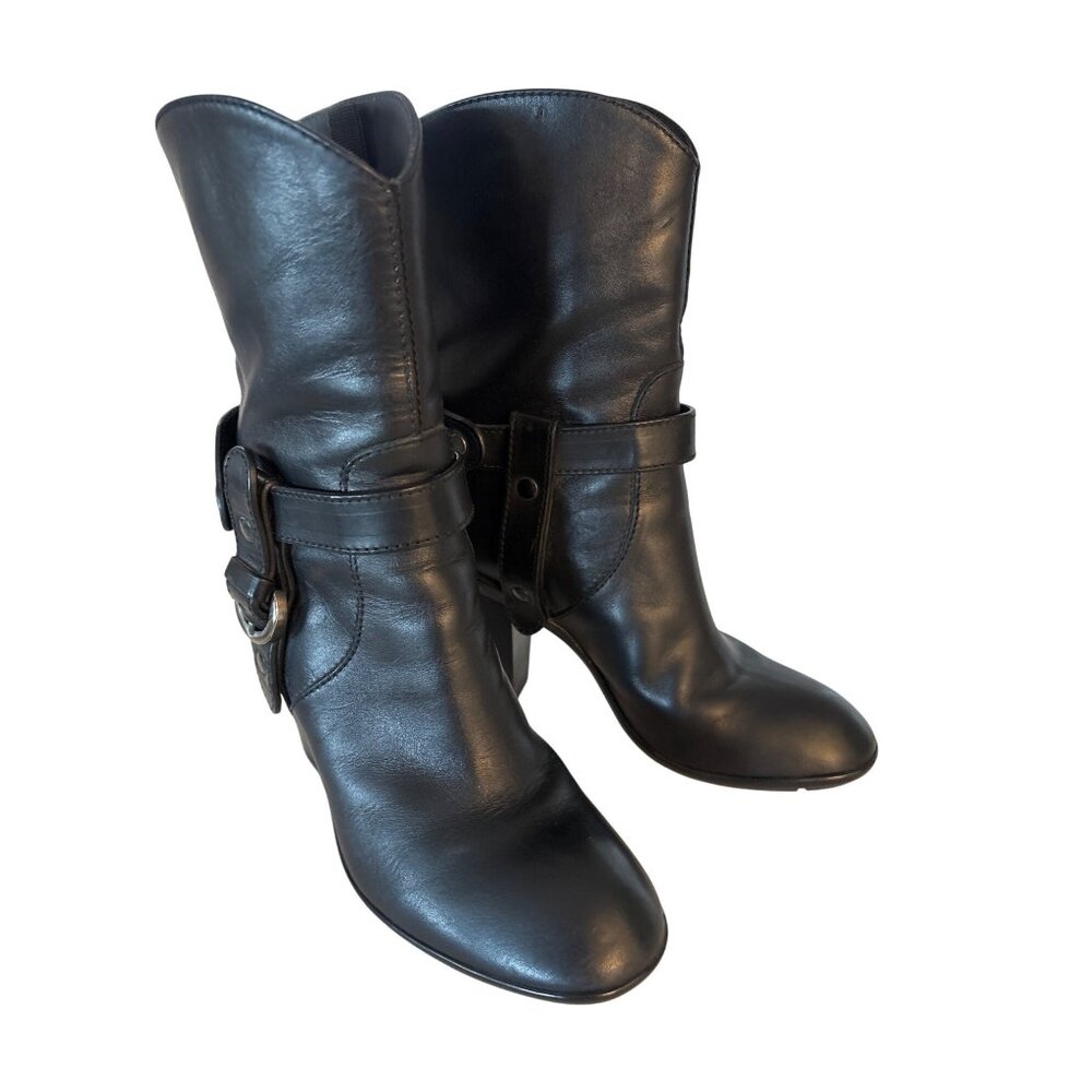 Hogan Black Leather Biker Boots With Chunky‎ Heel & Strap Equestrian Detailing